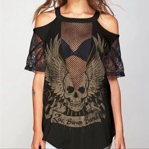 Trunk LTD Zac Brown Distressed Lace Sheer Mesh Detailing Black Graphic Shirt